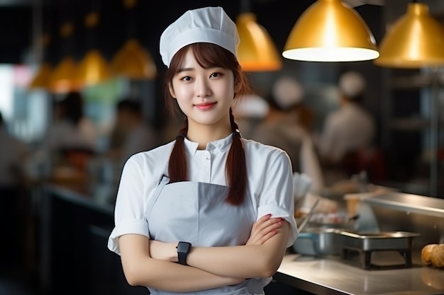 une belle fille chef coréenne est prête à cuisiner dans la cuisine du restaurant