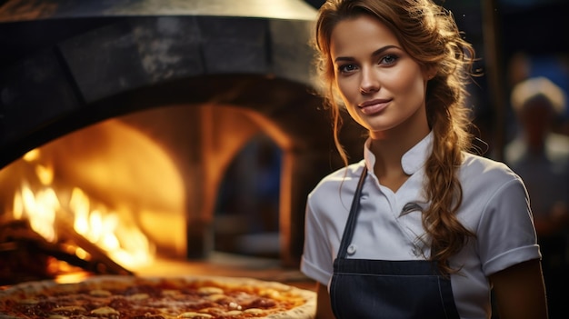 Une belle fille un chef a préparé une pizza lors d'un festival de cuisine de rue