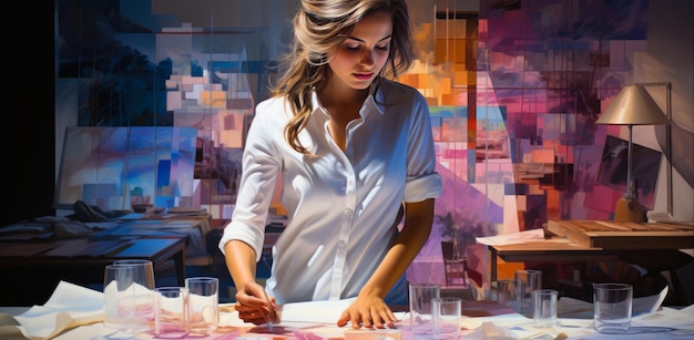 Belle fille en chemise blanche debout au bureau recouvert de papiers et de verres Artiste travaillant dans l'atelier Peintures en toile de fond Generative AI