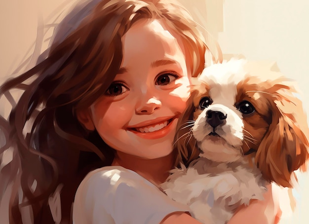Belle fille avec un chien dans les bras Peinture numérique