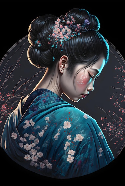 Une belle fille avec un chignon noir et une illustration en épingle à cheveux en fleur de cerisier kimono japonais bleu