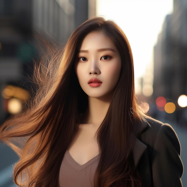 Une belle fille chinoise vue de devant avec une peau riche texture regard frais