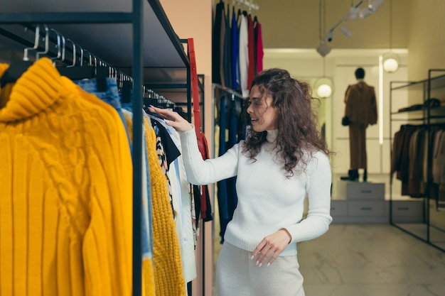 Belle fille choisit des vêtements dans une boutique