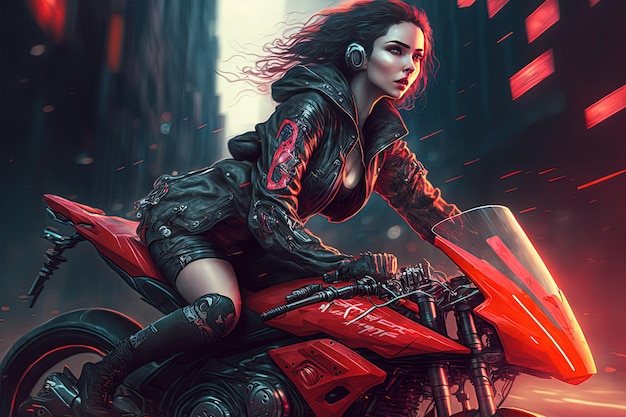 Belle fille cyberpunk conduisant une moto futuriste dans une ville futuriste AI générative AI générative