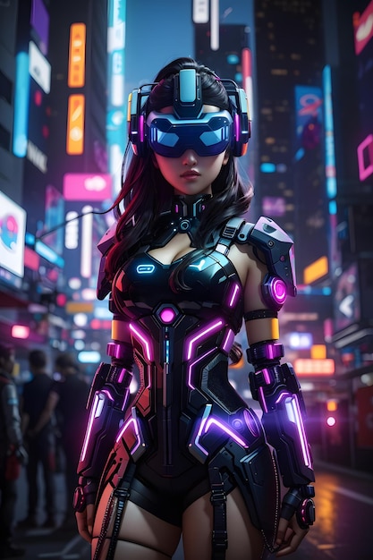 Photo une belle fille cyberpunk dans un monde de réalité virtuelle augmentée avec un casque vr