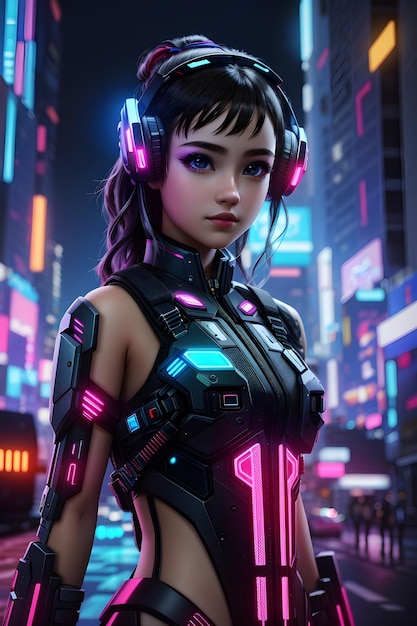 Photo une belle fille cyberpunk dans un monde de réalité virtuelle augmentée avec un casque vr