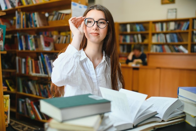 Belle fille dans une bibliothèque