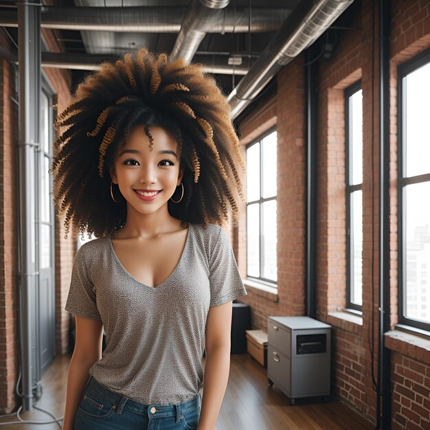 Une belle fille dans l'intérieur moderne d'un grenier immobilier