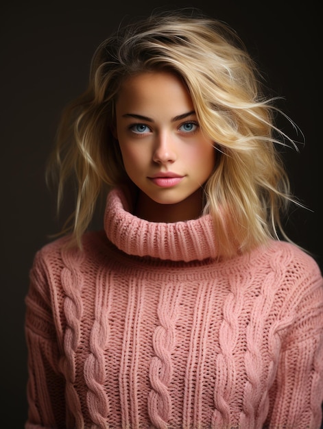 Belle fille dans un pull rose tricoté Mannequin hiver automne style belle longue coiffure blonde Jeune adolescente avec une beauté naturelle et un maquillage léger