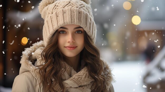 Photo la belle fille derrière la chute de neige