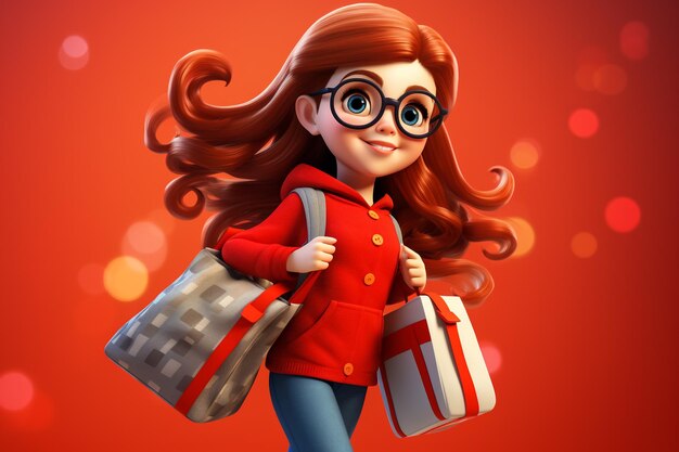 Belle fille de dessin animé en robe rouge avec des sacs de shopping