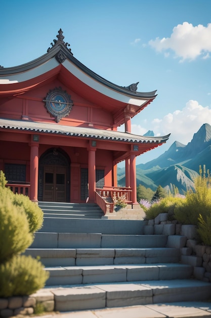 Belle fille devant le temple avec de grands yeux dessin animé fond d'écran de style anime