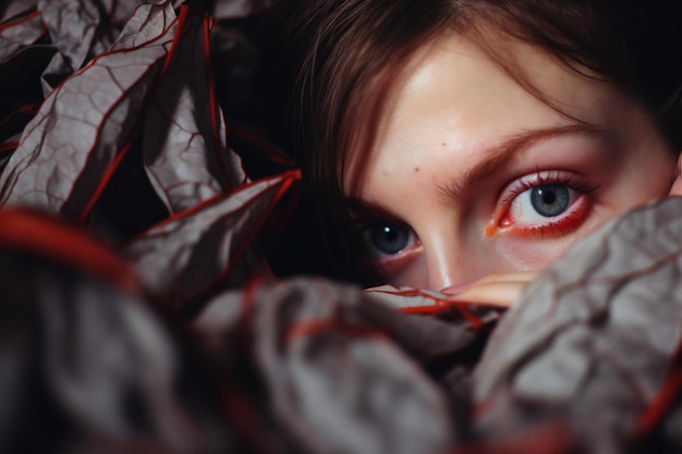 Une belle fille avec du maquillage rouge allongée sur un lit avec des feuilles