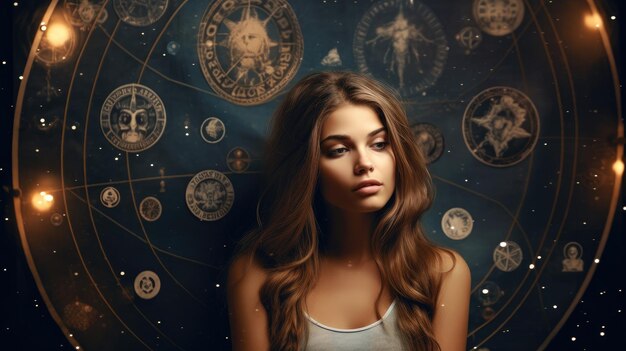 Belle fille entourée d'un thème astrologique détaillé symbolisant le zodiaque