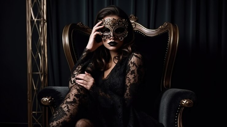 une belle fille espagnole vêtue d'un masque noir sur les yeux assis sur un fauteuil classique capitonné