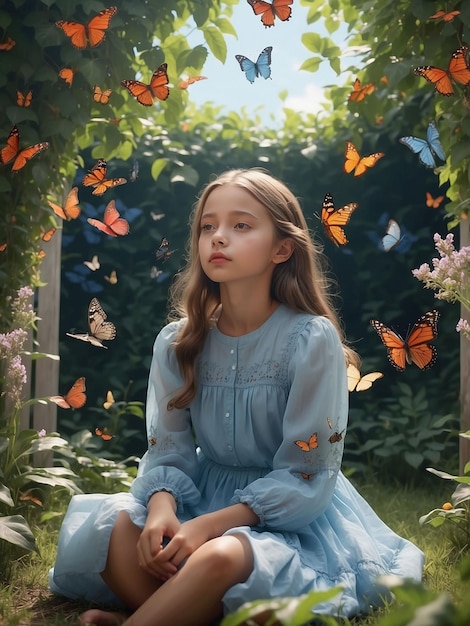 Une belle fille est assise dans un jardin avec des papillons qui volent à ses côtés.