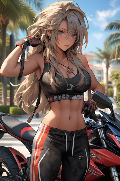 Une belle fille de fitness avec une moto