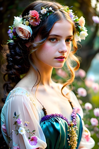 Belle fille avec des fleurs dans les cheveux