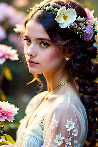 Belle fille avec des fleurs dans les cheveux