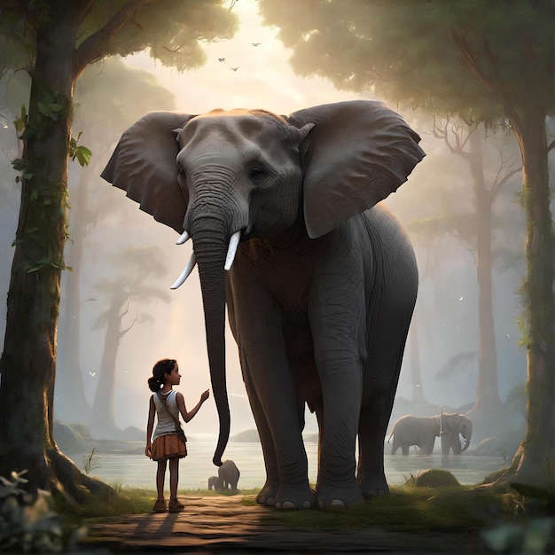 Une belle fille avec un fond de nature d'éléphant