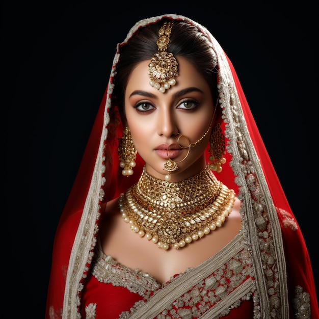 Une belle fille glamour portant des costumes de mariée rouges traditionnels et des bijoux en diamants