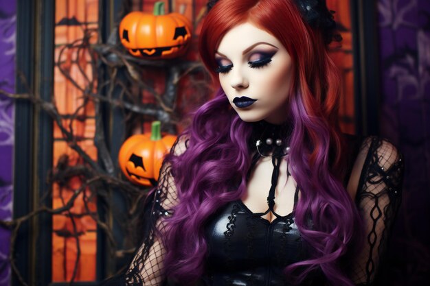 Belle fille gothique aux cheveux rouges et maquillage Halloween