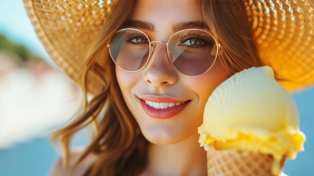 Photo la belle fille a une grande crème glacée jaune