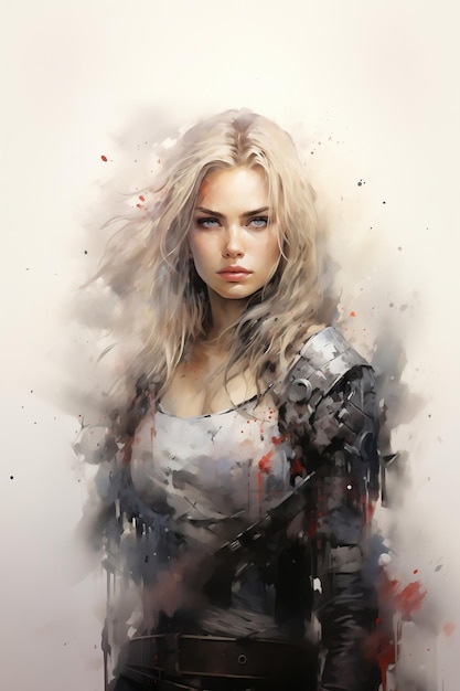 Photo belle fille guerrière blonde dans le style de la fantaisie de combat crayon et dessin à l'aquarelle x9