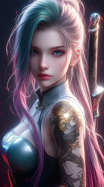 belle fille guerrière de style waifu avec une illustration de tatouage