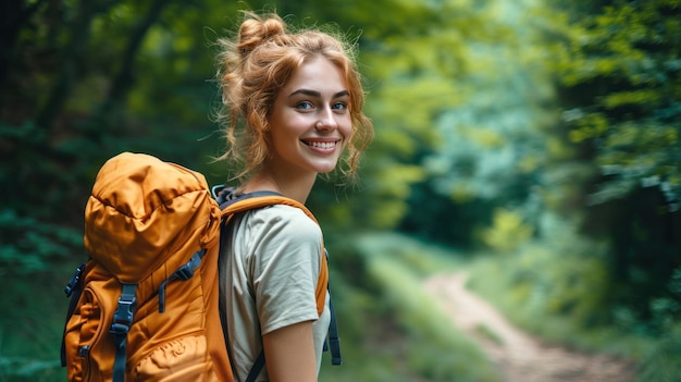 Une belle fille heureuse fait une randonnée dans la forêt.