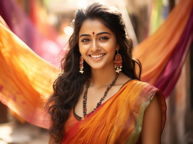 Belle fille indienne en boucles d'oreilles posant souriante en sari traditionnel pour une charmante séance photo gudi padwa photo de vêtements traditionnels