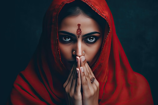 Belle fille indienne modèle féminine hindoue en sari et accessoires kundan costume traditionnel rouge de l'Inde