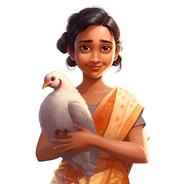 Une belle fille indienne avec un pigeon blanc sur un fond blanc