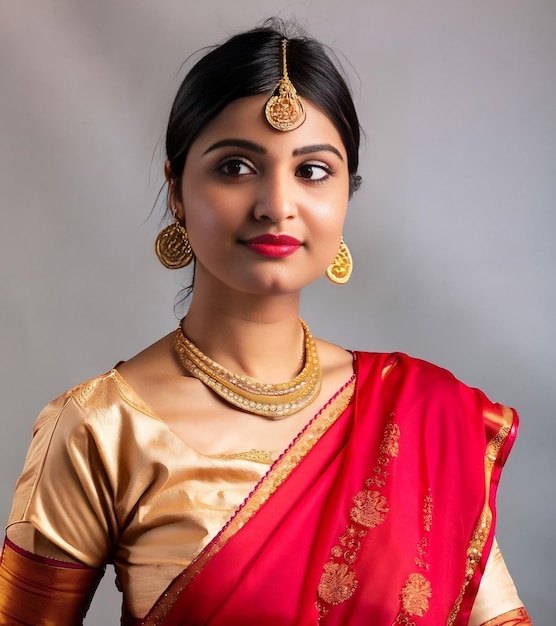 Belle fille indienne portant un sari rouge