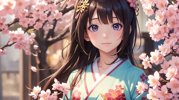 Belle fille japonaise portant l'art anime kinmono