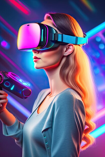 Une belle fille avec des lunettes de réalité virtuelle Une jeune femme interagissant avec la réalité virtuelle alors qu'elle