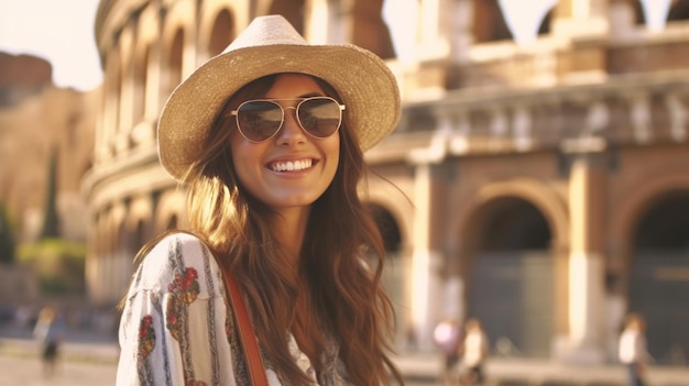 Belle fille avec des lunettes de soleil et un chapeau d'été souriant Illustration AI GenerativexA