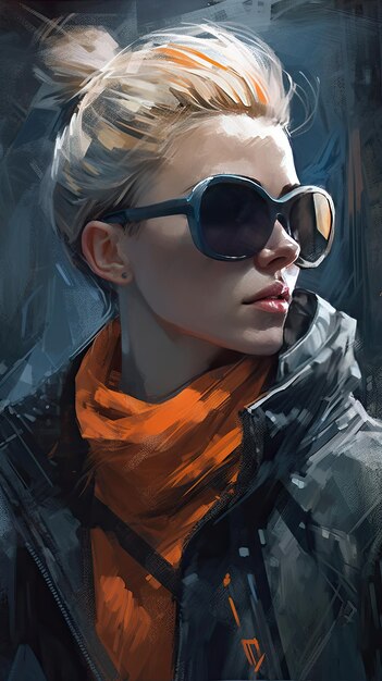 Belle fille en lunettes de soleil dans le style de travail sévère avec un couteau à palette art de précision orange et indigo créé avec la technologie Generative AI