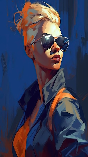 Belle fille en lunettes de soleil dans le style de travail sévère avec un couteau à palette art de précision orange et indigo créé avec la technologie Generative AI