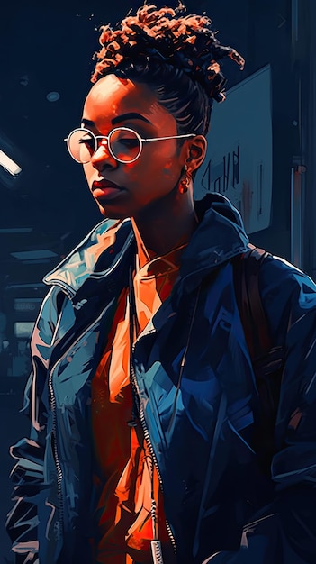 Belle fille en lunettes de soleil dans le style de travail sévère avec un couteau à palette art de précision orange et indigo créé avec la technologie Generative AI