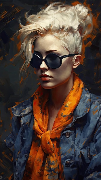 Belle fille en lunettes de soleil dans le style de travail sévère avec un couteau à palette art de précision orange et indigo créé avec la technologie Generative AI