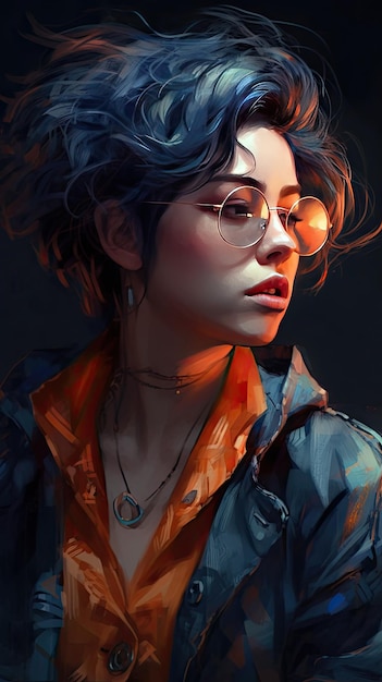 Belle fille en lunettes de soleil dans le style de travail sévère avec un couteau à palette art de précision orange et indigo créé avec la technologie Generative AI