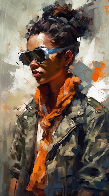 Belle fille en lunettes de soleil dans le style de travail sévère avec un couteau à palette art de précision orange et indigo créé avec la technologie Generative AI