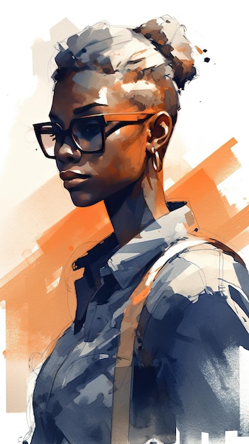 Belle fille en lunettes de soleil dans le style de travail sévère avec un couteau à palette art de précision orange et indigo créé avec la technologie Generative AI