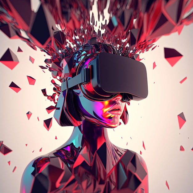 Une belle fille en lunettes VR casque 3D dans le cyberespace du métaverse Le concept de réalité immersive virtuelle augmentée rendu 3D AI générative