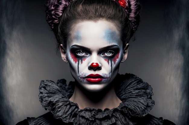 Belle fille en maquillage de clown avec nez rouge de style gothique