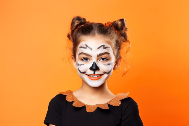 Photo une belle fille maquillée pour halloween sur un fond de studio orange