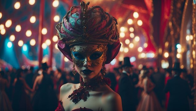 Une belle fille masquée à un mystérieux bal de carnaval