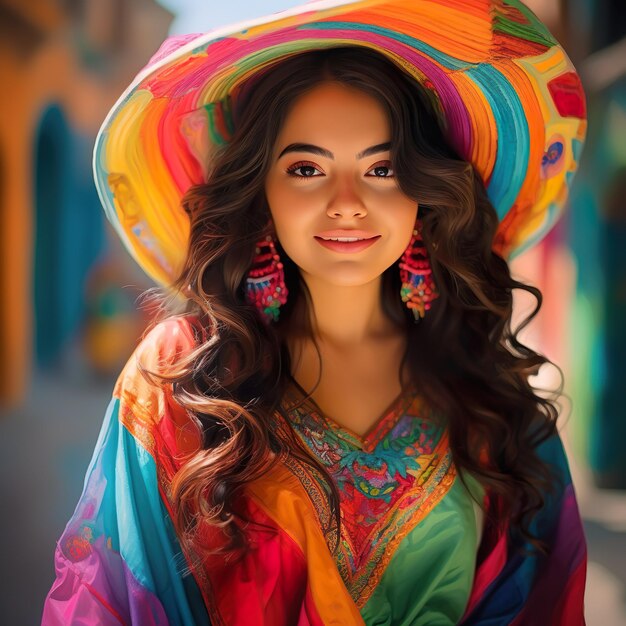 Belle fille mexicaine en sombrero et poncho lumineux ai génératif