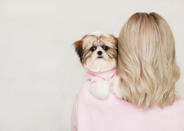 Belle fille mignonne tenant un chiot shih tzu bien soigné dans un pull rose sur son épaule